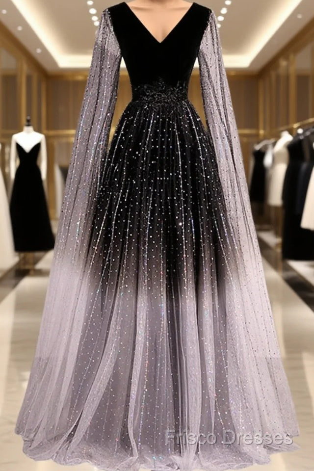 Black Shiny Tulle Gradient Tulle V-Neckline Party Dress, Black Tulle Formal Prom Dress Main image