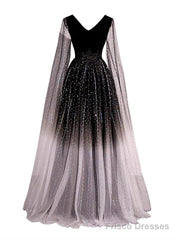 Black Shiny Tulle Gradient Tulle V-Neckline Party Dress, Black Tulle Prom Dress