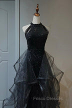 Black Shiny Tulle Long Party Dress with Beaded, Black Evening Dress