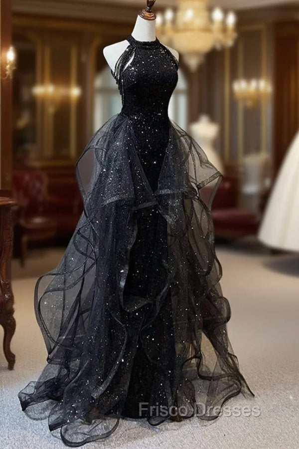 Black Shiny Tulle Long Party Dress with Beaded, Black Evening Dress Main image