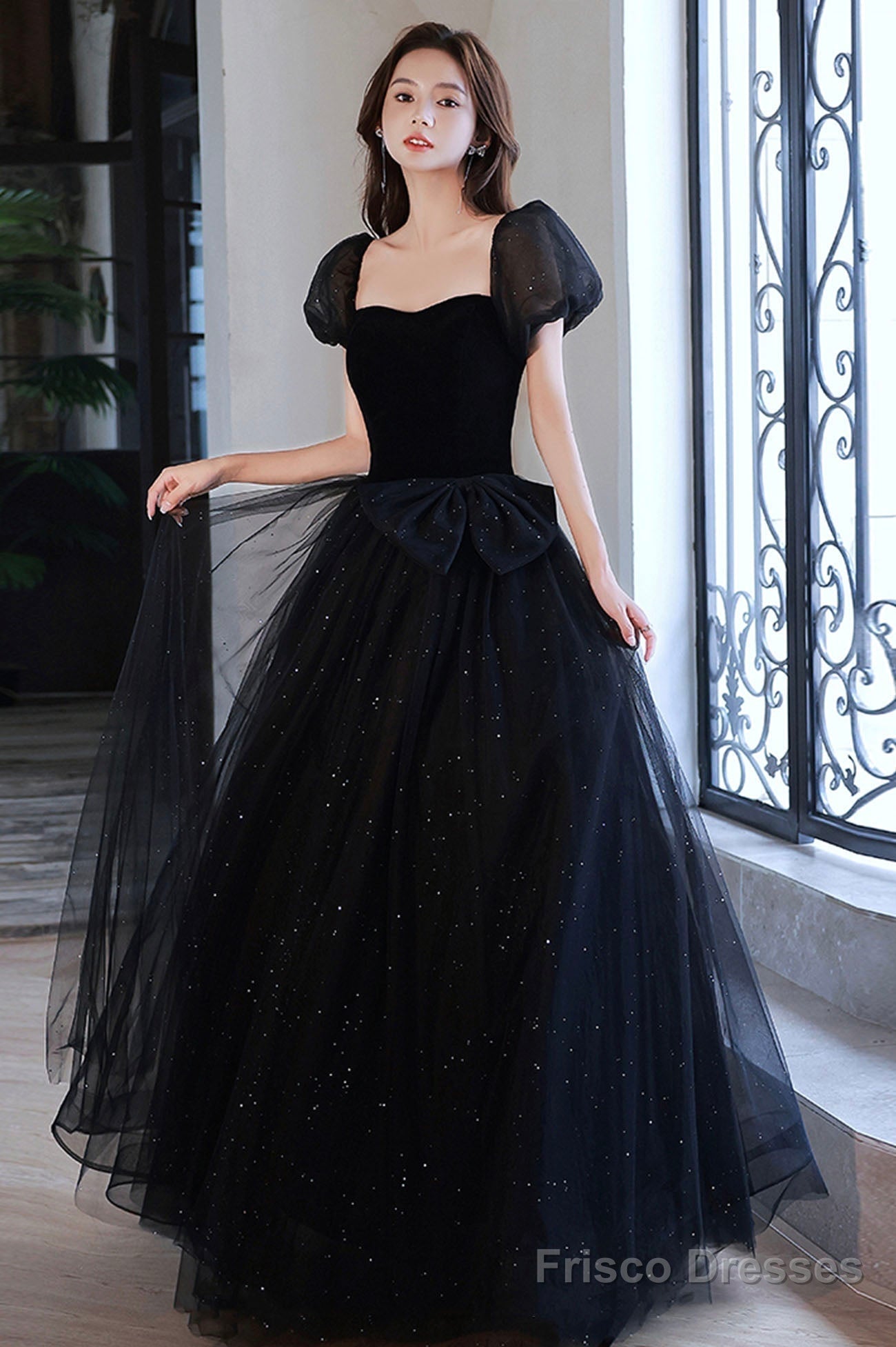 Black Shiny Tulle Long Prom Dress, Black Short Sleeve Evening Dress Main image