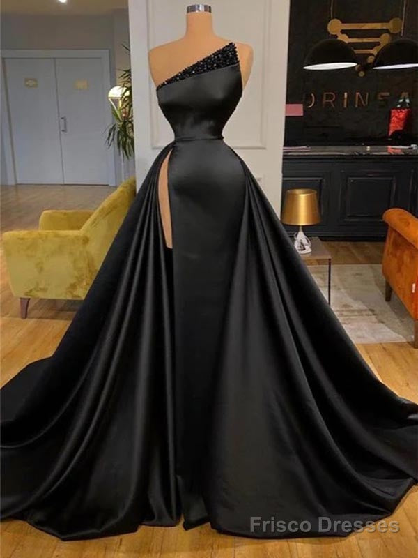 Black Sleeveless A-Line Beaded Side Slit Prom Dress, Main image
