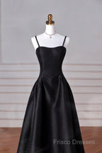 Black Spaghetti Strap Satin Long Formal Prom Dress, A-Line Backless Formal Party Dress