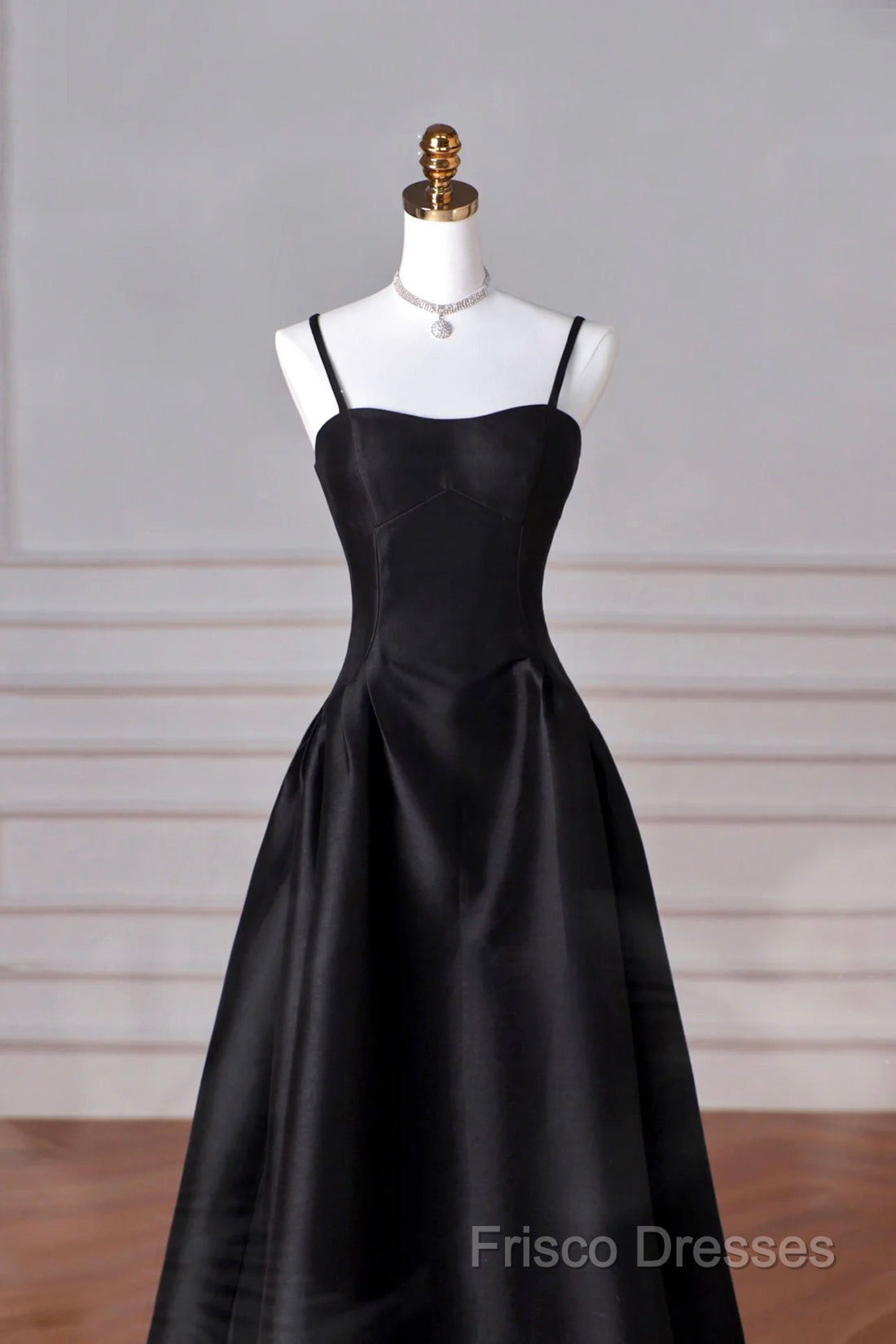 Black Spaghetti Strap Satin Long Formal Prom Dress, A-Line Backless Formal Party Dress