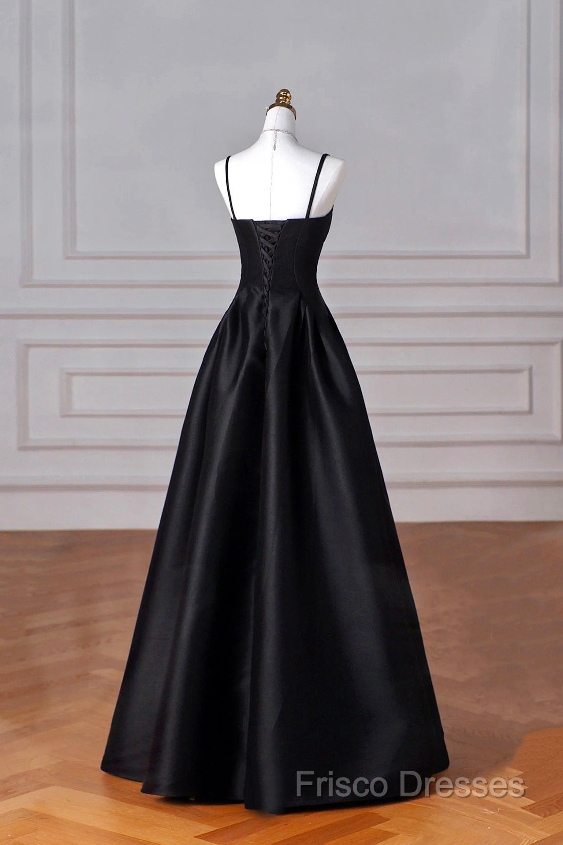 Black Spaghetti Strap Satin Long Formal Prom Dress, A-Line Backless Formal Party Dress