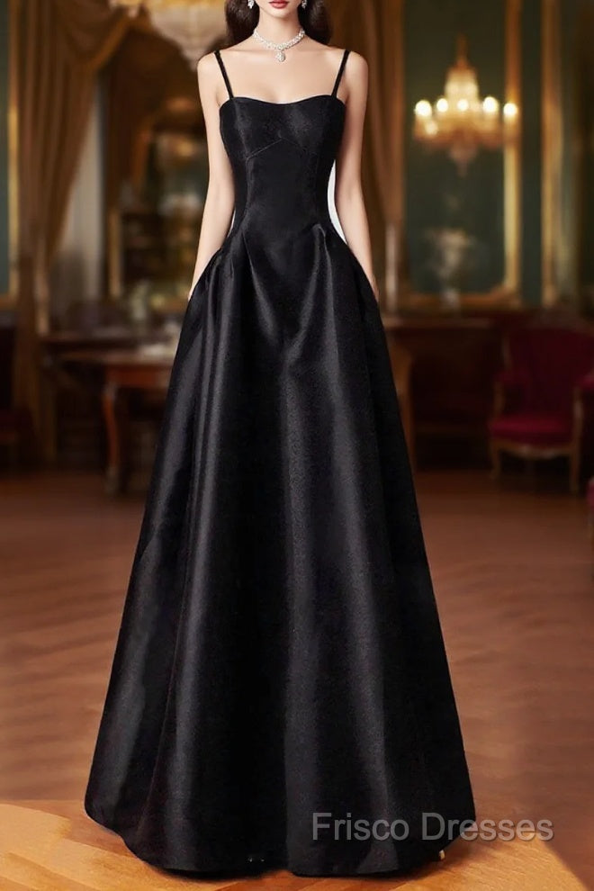 Black Spaghetti Strap Satin Long Formal Prom Dress, A-Line Backless Formal Party Dress Main image