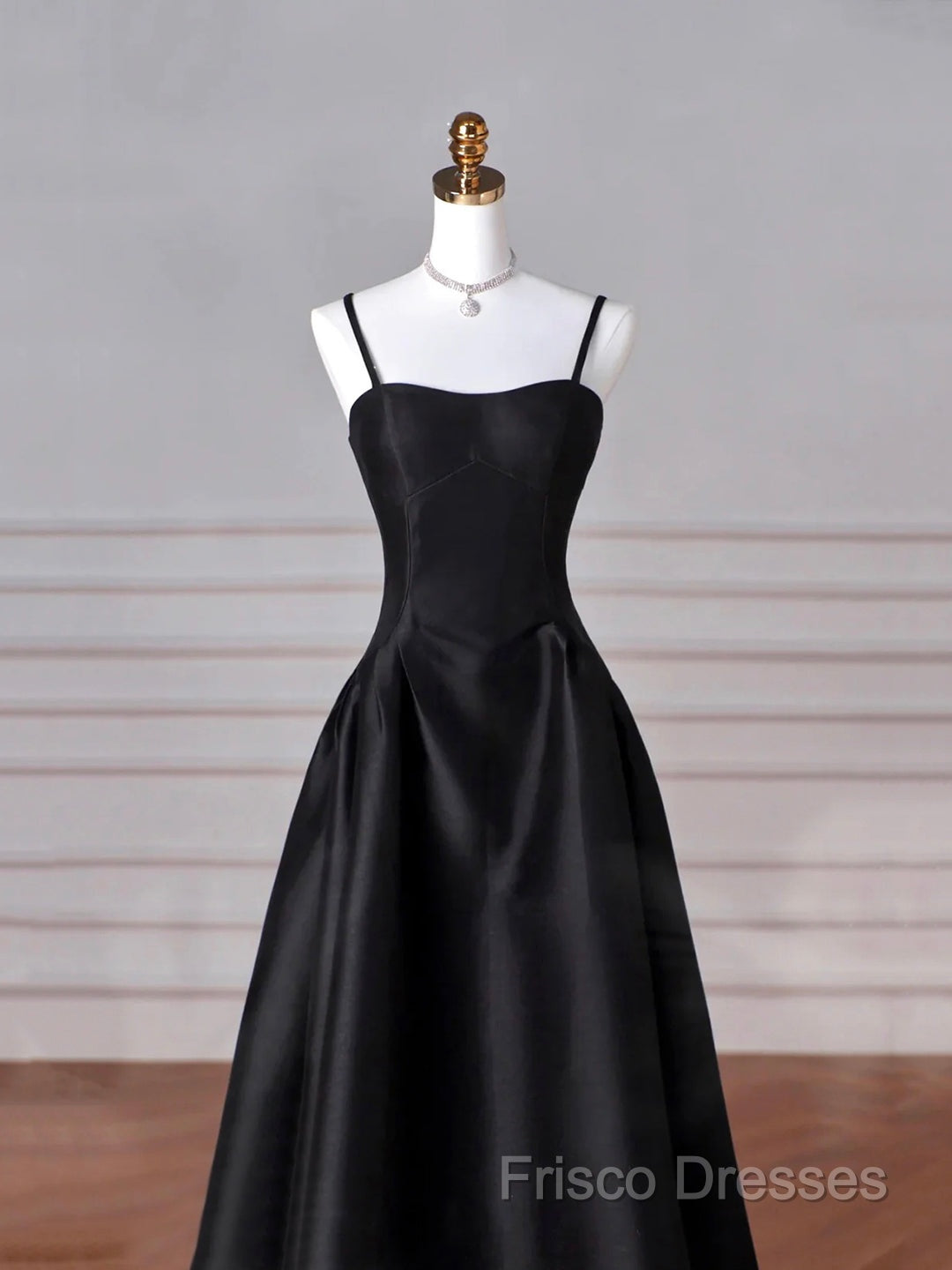 Black Spaghetti Strap Satin Long Formal Prom Dress, Black A-Line Formal Dress Secondary image