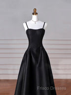 Black Spaghetti Strap Satin Long Formal Prom Dress, Black A-Line Formal Dress