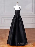 Black Spaghetti Strap Satin Long Formal Prom Dress, Black A-Line Formal Dress