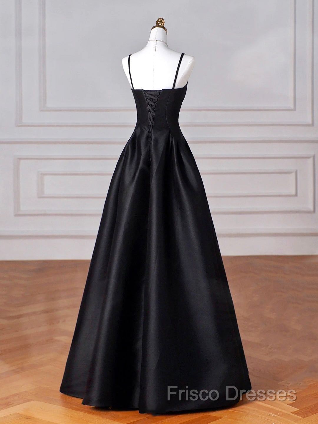 Black Spaghetti Strap Satin Long Formal Prom Dress, Black A-Line Formal Dress