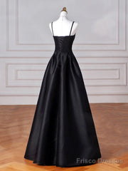 Black Spaghetti Strap Satin Long Prom Dress, Black A-Line Evening Dress