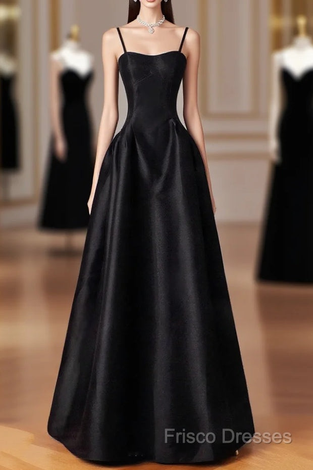 Black Spaghetti Strap Satin Long Formal Prom Dress, Black A-Line Formal Dress Main image