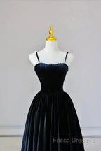 Black Spaghetti Strap Velvet Long Formal Prom Dress With Pearls, A-Line Formal Dress Party Dress