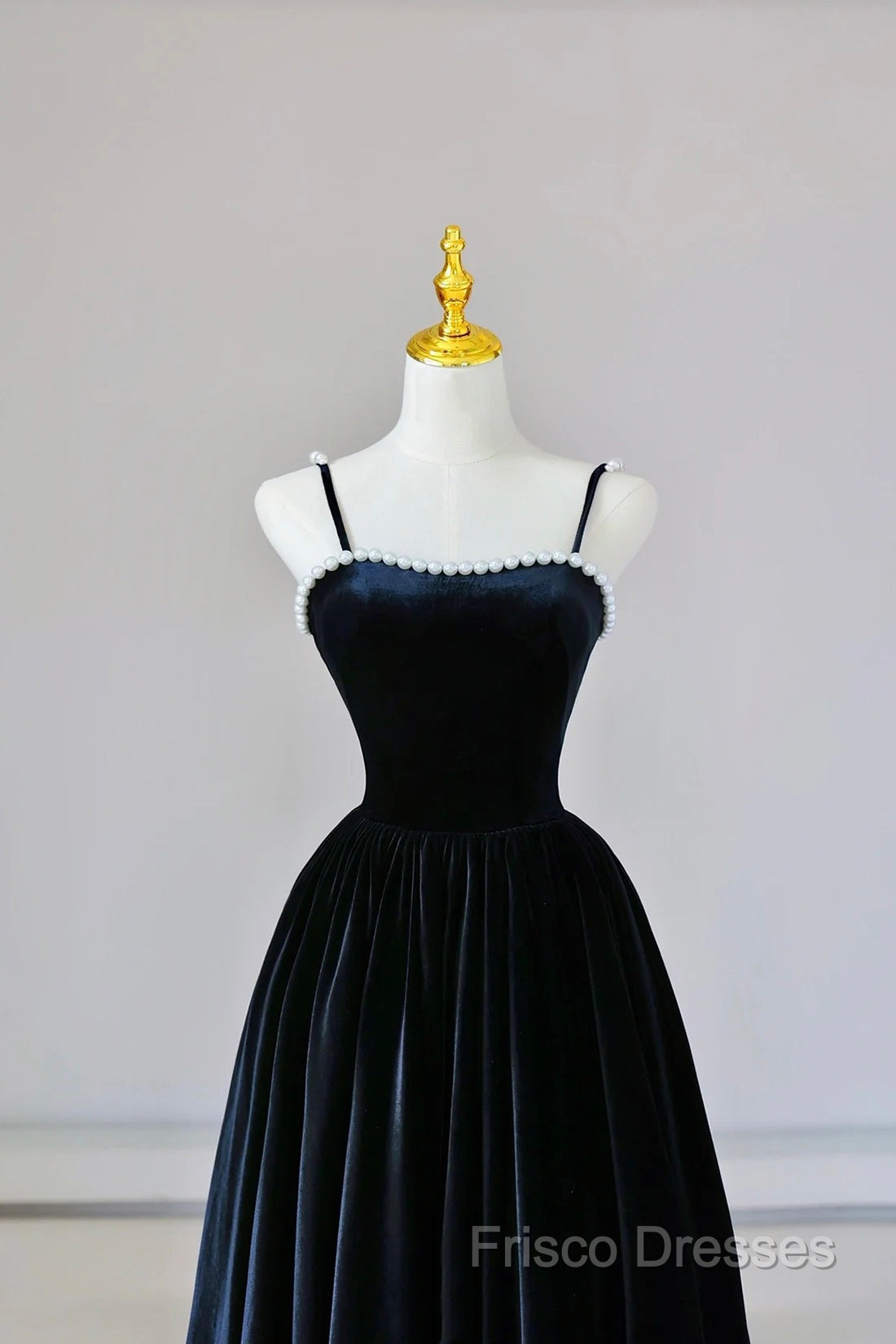 Black Spaghetti Strap Velvet Long Formal Prom Dress With Pearls, A-Line Formal Dress Party Dress