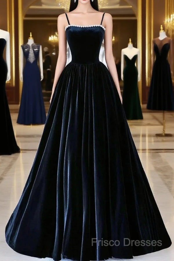 Black Spaghetti Strap Velvet Long Formal Prom Dress With Pearls, A-Line Formal Dress Party Dress Main image