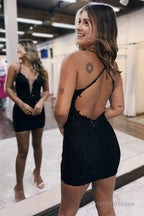 Black Spaghetti Straps Cross Back Beading Short Homecoming Dress
