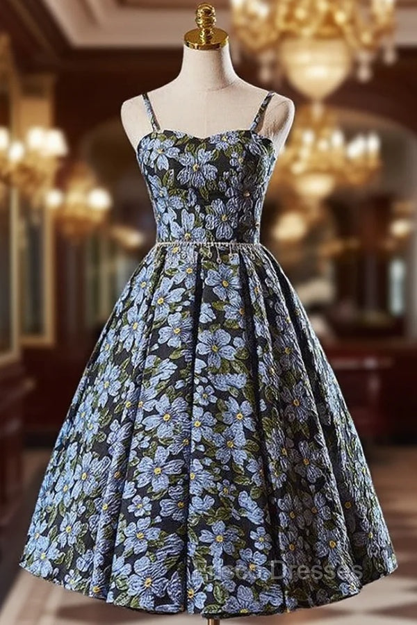 Black Spaghetti Straps Flower Print Homecoming Dress Main image