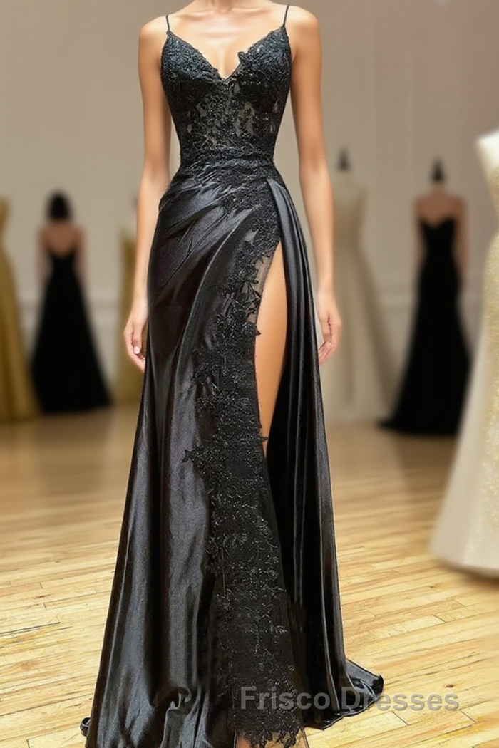 Black Spaghetti Straps Lace Appliques Formal Prom Dress with Slit
