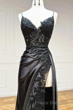 Black Spaghetti Straps Lace Appliques Formal Prom Dress with Slit