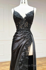 Black Spaghetti Straps Lace Appliques Formal Prom Dress with Slit