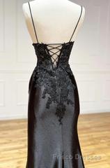 Black Spaghetti Straps Lace Appliques Formal Prom Dress with Slit