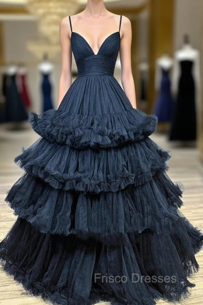 Black Spaghetti Straps Pleats Formal Prom Dress Main image