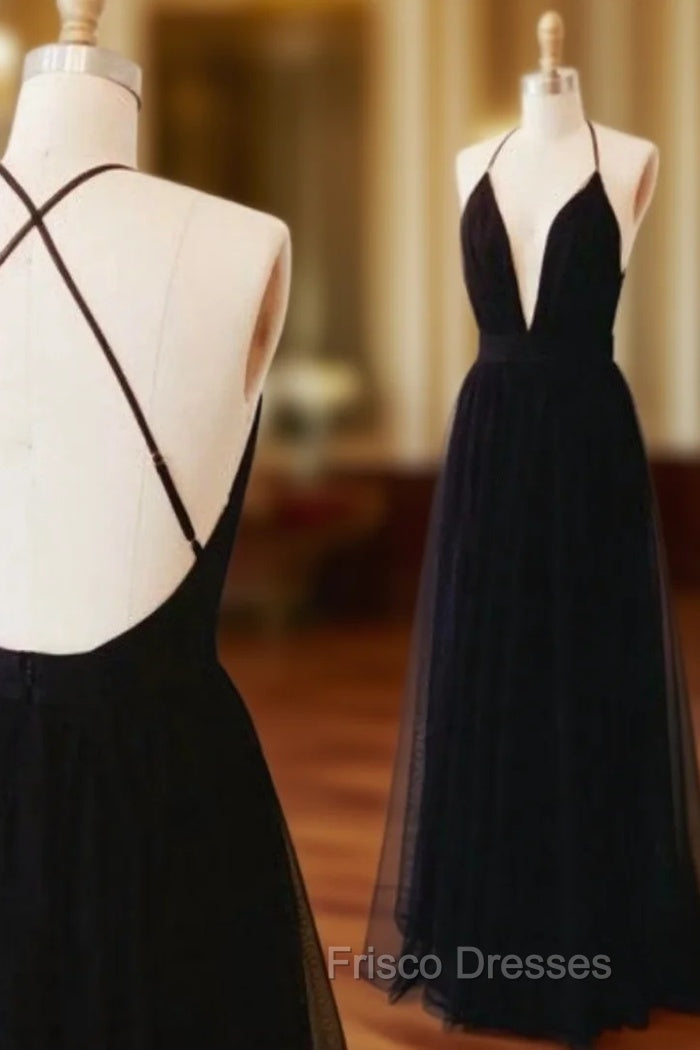 Black Spaghetti Straps Formal Prom Dress Open Back Graduation Dress Main image