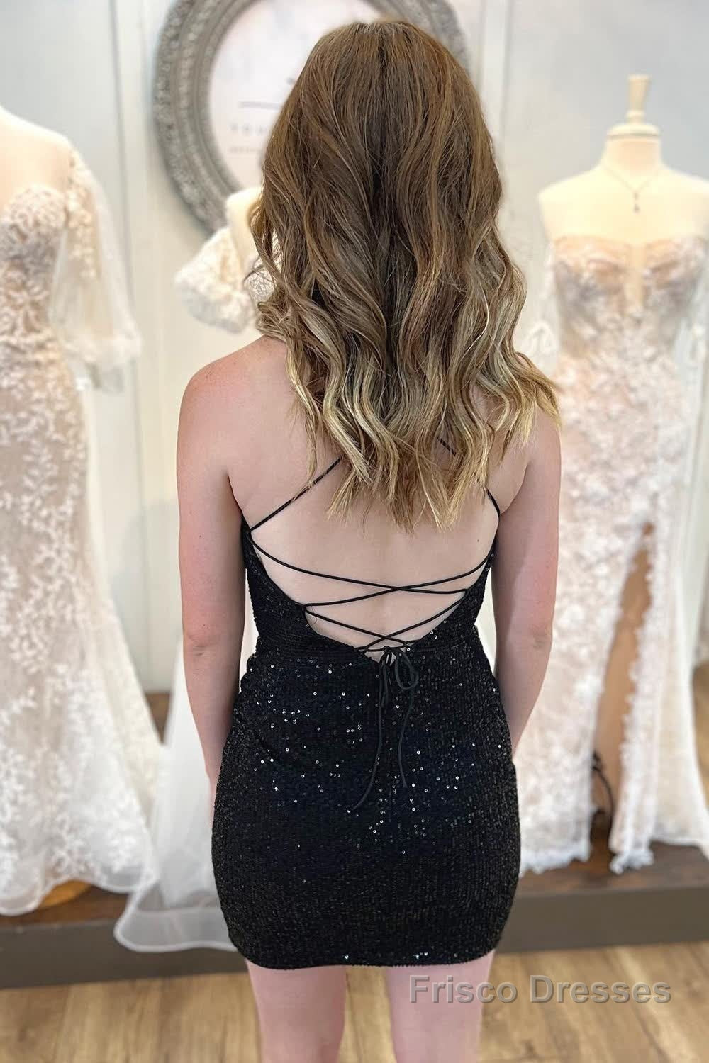 Black Spaghetti Straps Sequins Backless Tight Homecoming Dress Secondary image