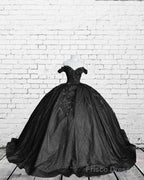 Black Sparkly Ball Gown Dress With 3D Flowers