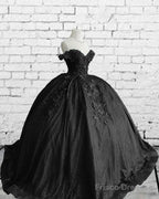 Black Sparkly Ball Gown Dress With 3D Flowers