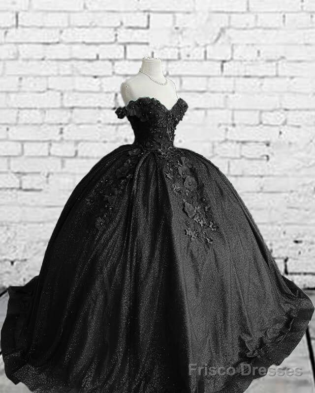 Black Sparkly Ball Gown Dress With 3D Flowers