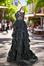 Black Sparkly Corset Formal Prom Dress Off The Shoulder Tiered A-Line Sweetheart Neck Tulle Lace Evening Dress