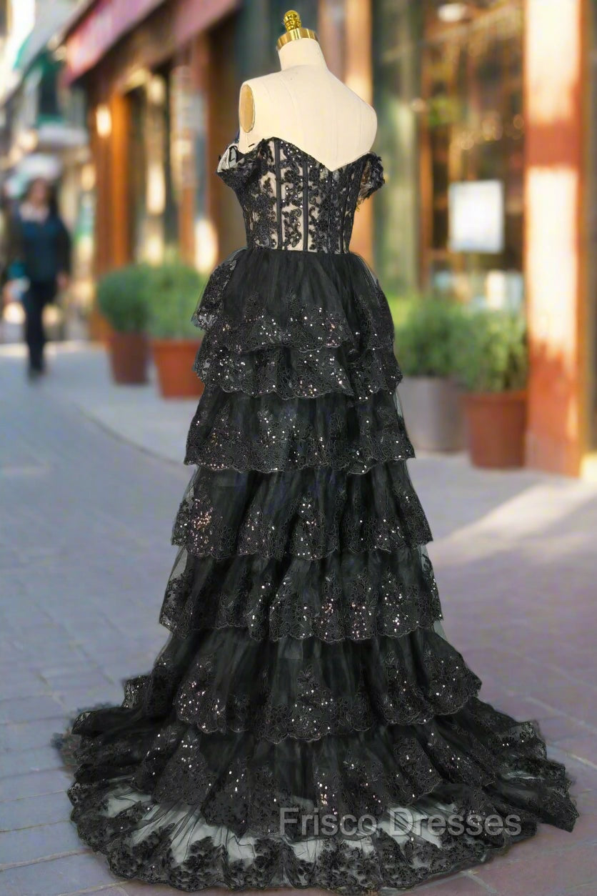 Black Sparkly Corset Formal Prom Dress Off The Shoulder Tiered A-Line Sweetheart Neck Tulle Lace Evening Dress