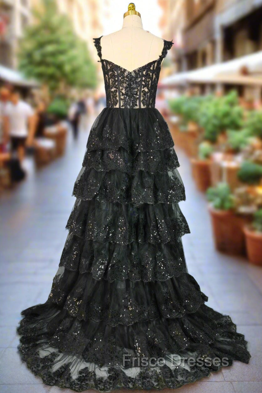 Black Sparkly Corset Formal Prom Dress Off The Shoulder Tiered A-Line Sweetheart Neck Tulle Lace Evening Dress