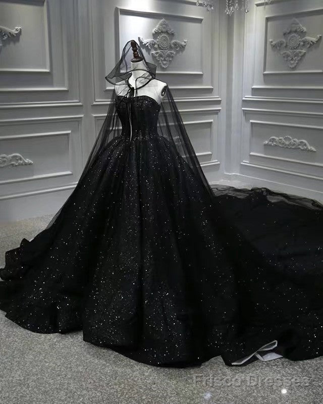 Black Sparkly Wedding Dress Ball Gown With Cape Veil