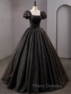 Black Square Neckline Tulle Long Formal Prom Dress, Shiny Tulle Black Evening Dress