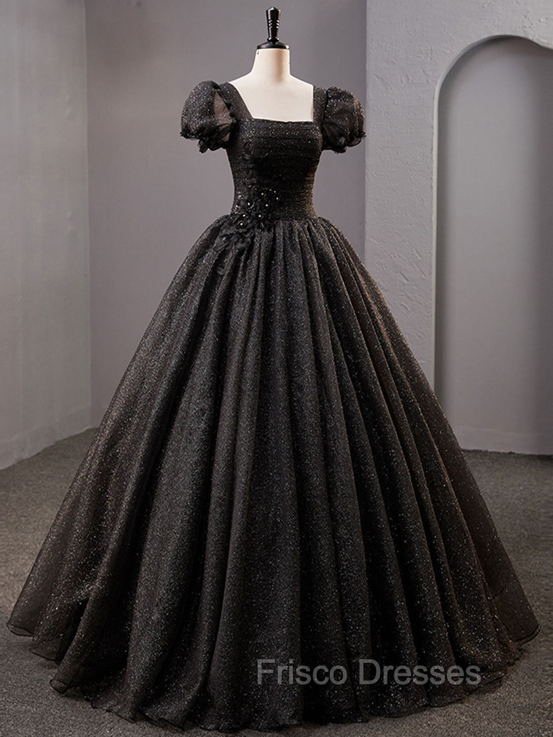 Black Square Neckline Tulle Long Formal Prom Dress, Shiny Tulle Black Evening Dress