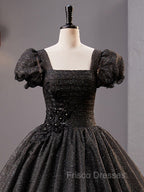 Black Square Neckline Tulle Long Formal Prom Dress, Shiny Tulle Black Evening Dress