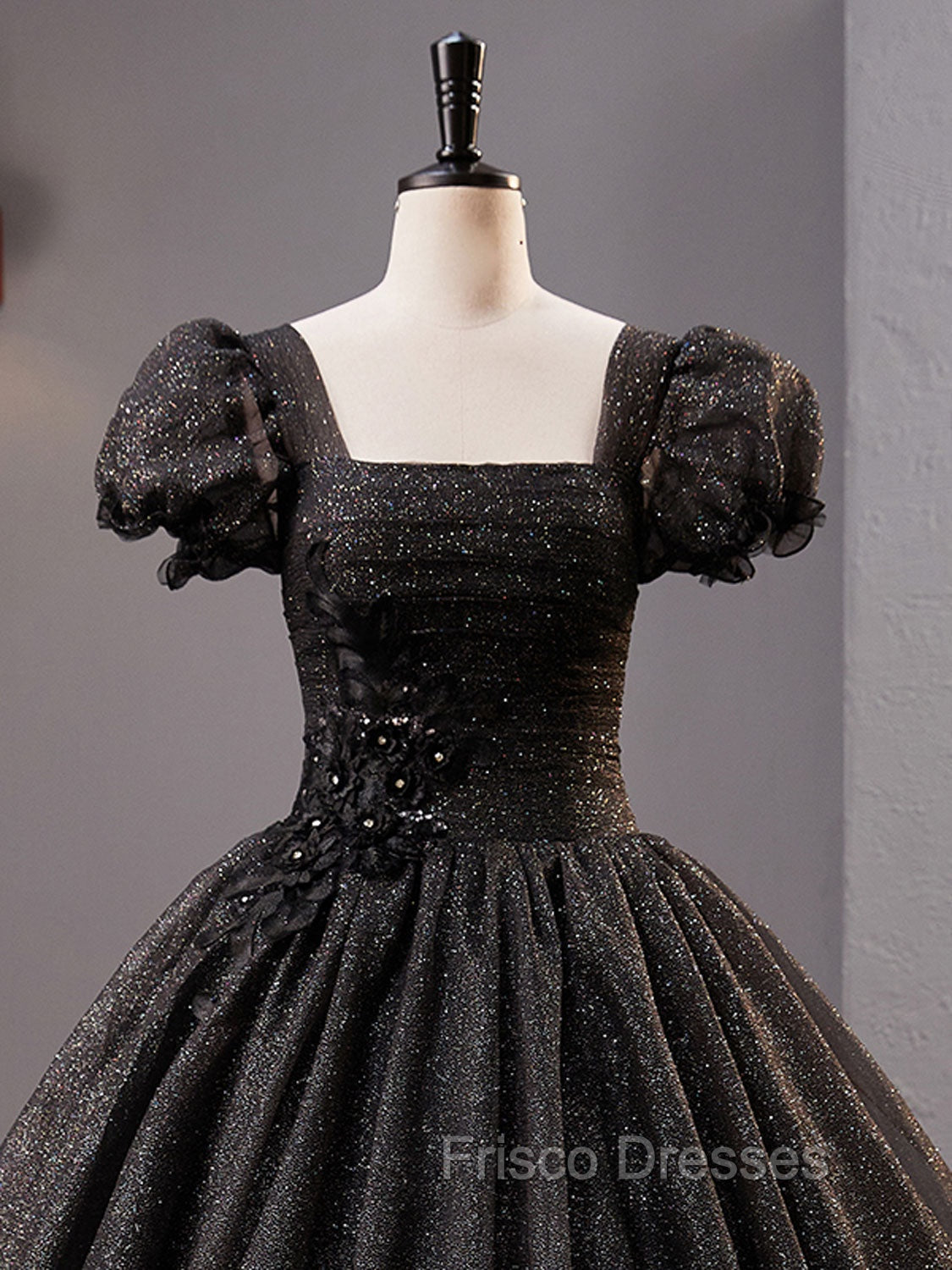 Black Square Neckline Tulle Long Formal Prom Dress, Shiny Tulle Black Evening Dress