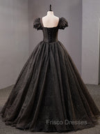 Black Square Neckline Tulle Long Formal Prom Dress, Shiny Tulle Black Evening Dress