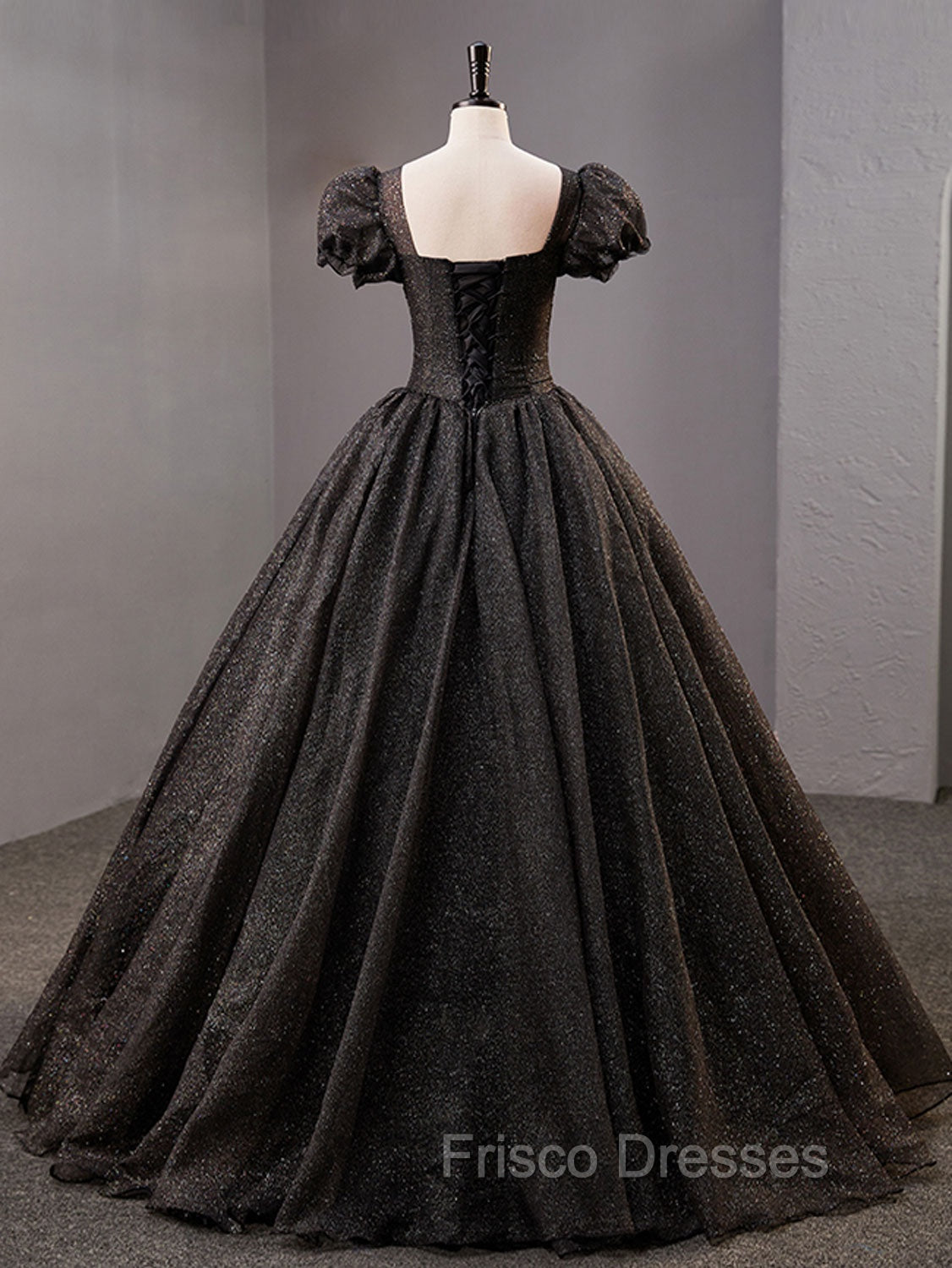 Black Square Neckline Tulle Long Formal Prom Dress, Shiny Tulle Black Evening Dress