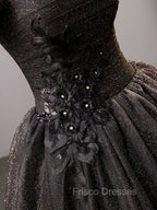 Black Square Neckline Tulle Long Formal Prom Dress, Shiny Tulle Black Evening Dress