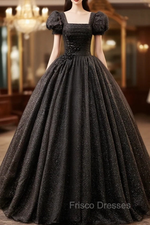 Black Square Neckline Tulle Long Formal Prom Dress, Shiny Tulle Black Evening Dress Main image