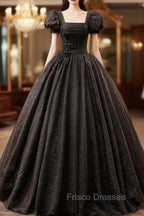 Black Square Neckline Tulle Long Formal Prom Dress, Shiny Tulle Black Evening Dress