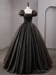 Black Square Neckline Tulle Long Prom Dresses, Shiny Tulle Black Evening Dress