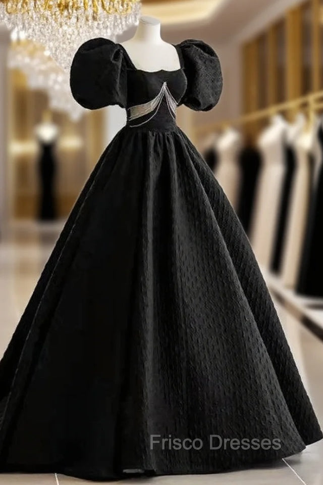 Black Square Puff Sleeve Backless Formal Prom Dress Main image