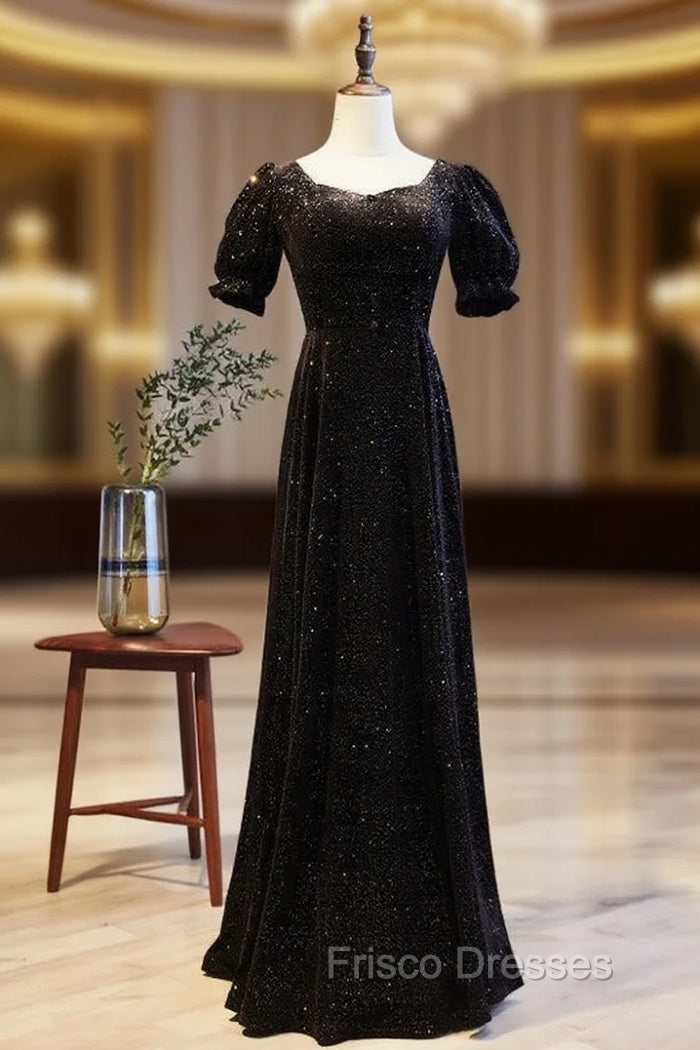 Black Square Puff Sleeve Button Formal Prom Dress Main image