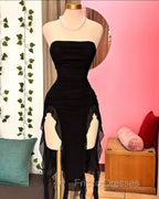 Black Strapless Midi Length Ruffle Formal Prom Dress Sexy Evening Dress