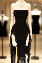 Black Strapless Midi Length Ruffle Formal Prom Dress Sexy Evening Dress