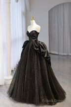 Black Strapless Satin And Tulle Long Prom Dress, Beautiful A-Line Evening Party Dress